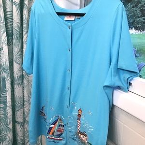 Turquoise cardigan Quacker Factory  beautiful embroidery never worn